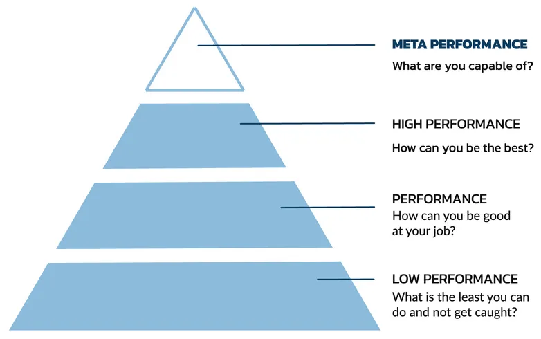 The Meta Performance pyramid: low performance, performance, high performance, and meta performance